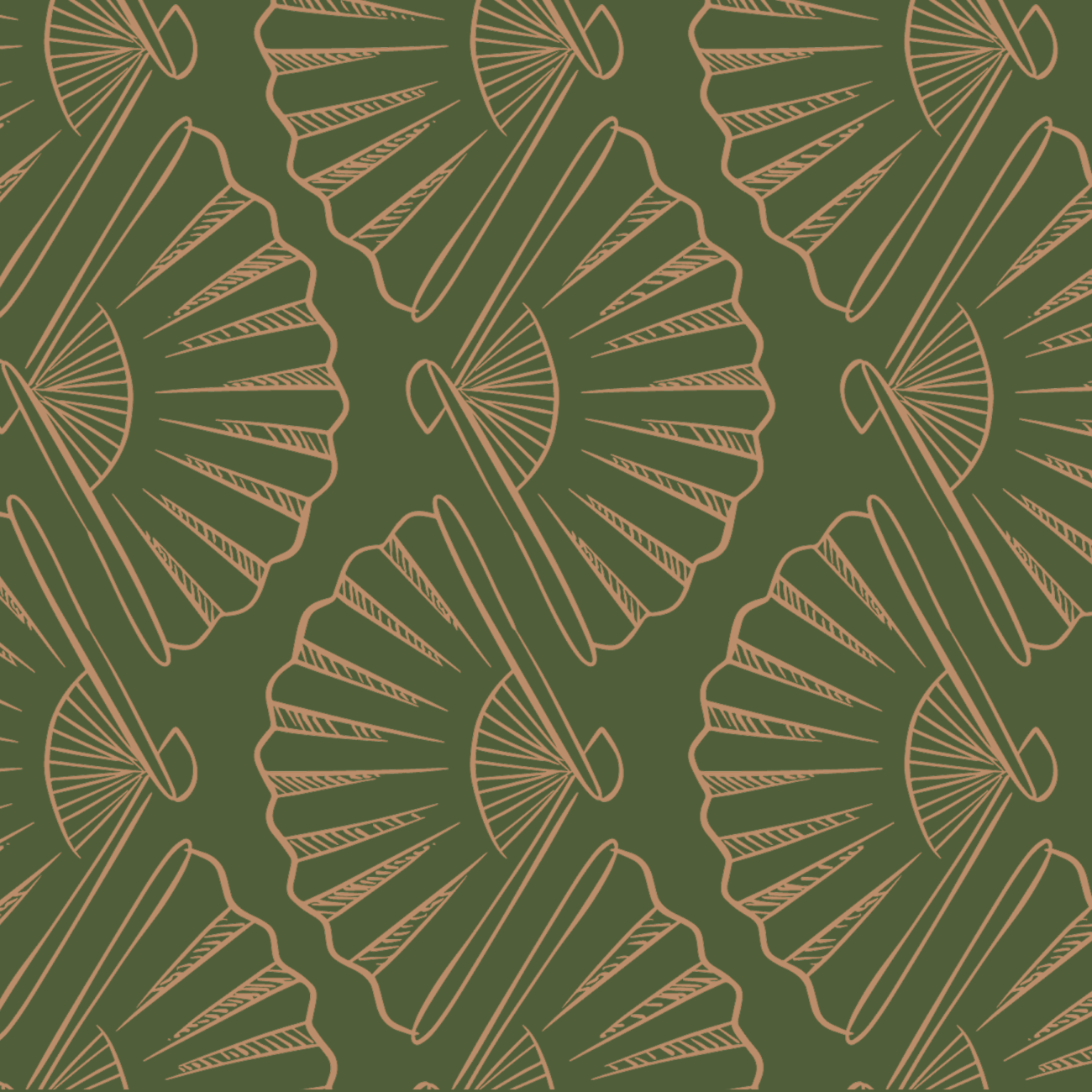 Pattern of gold fans on olive green background